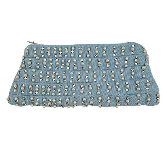 Vintage Unbranded Blue Faux Pearl and Rhinestone Clutch Glam Retro Wedding - Picture 1 of 5